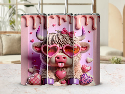 Pink tumbler with cartoon cow wearing heart sunglasses and bow.