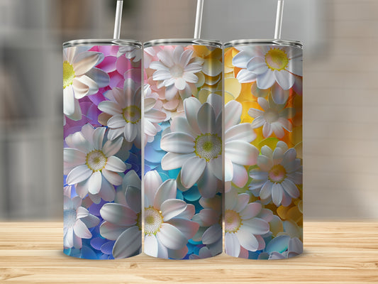 Three tumblers with white daisy floral designs and gradient backgrounds.