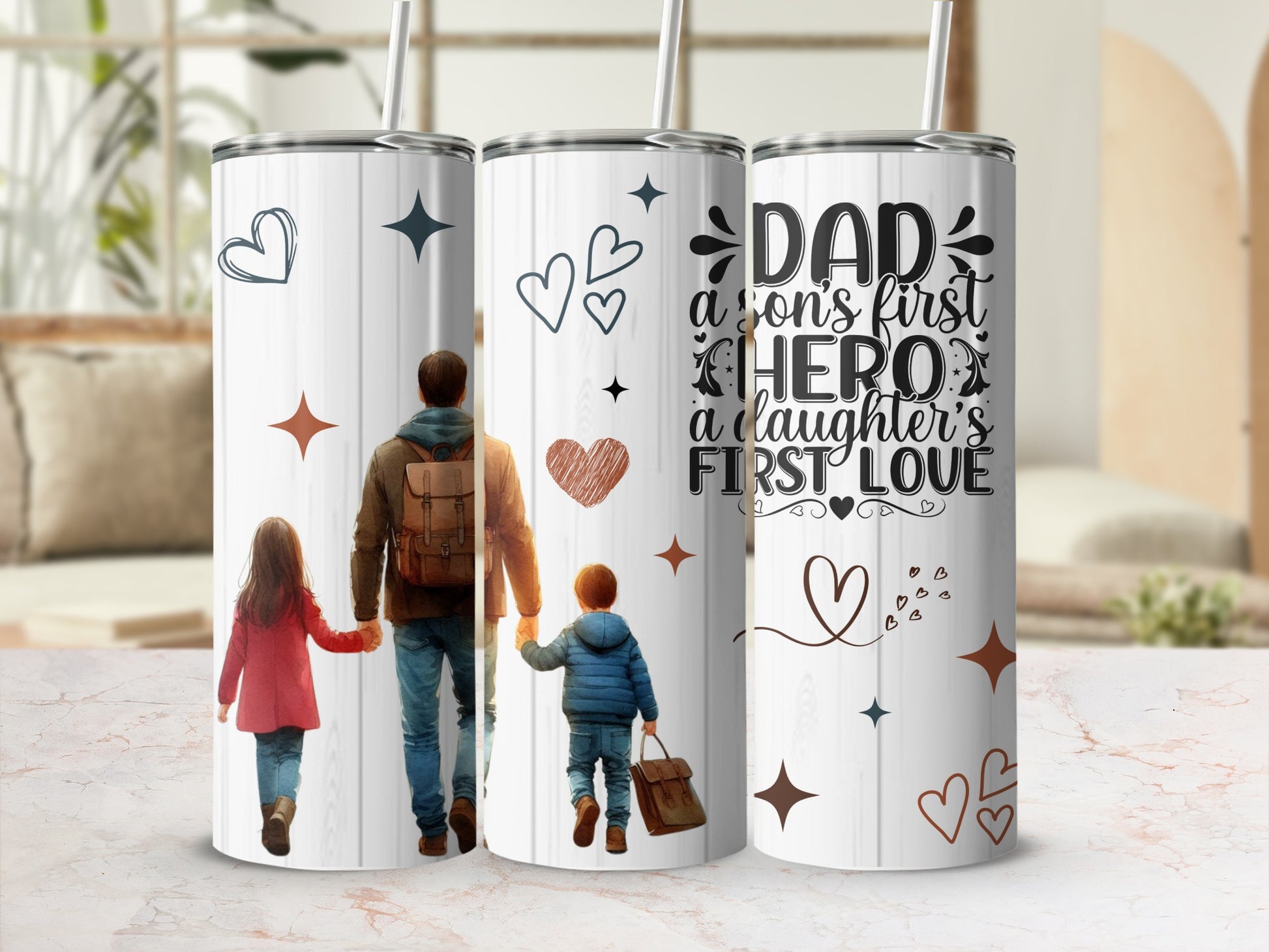Tumblers feature dad with kids and text "Dad a son's first hero a daughter's first love".