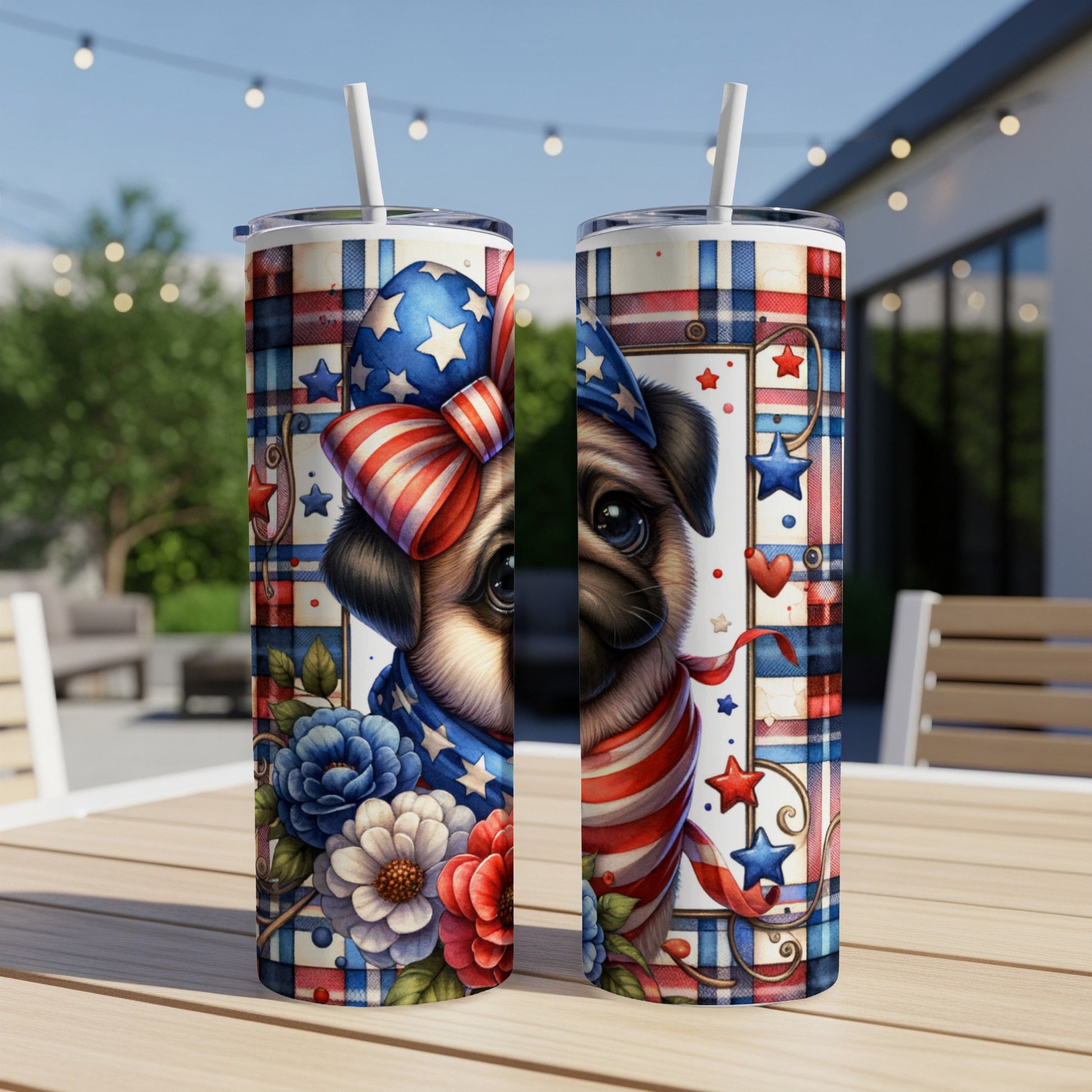 Pug in patriotic bandana and hat with stars and stripes pattern.
