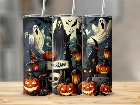 Halloween themed tumblers with ghosts, pumpkins, bats, witches, and a skull.
