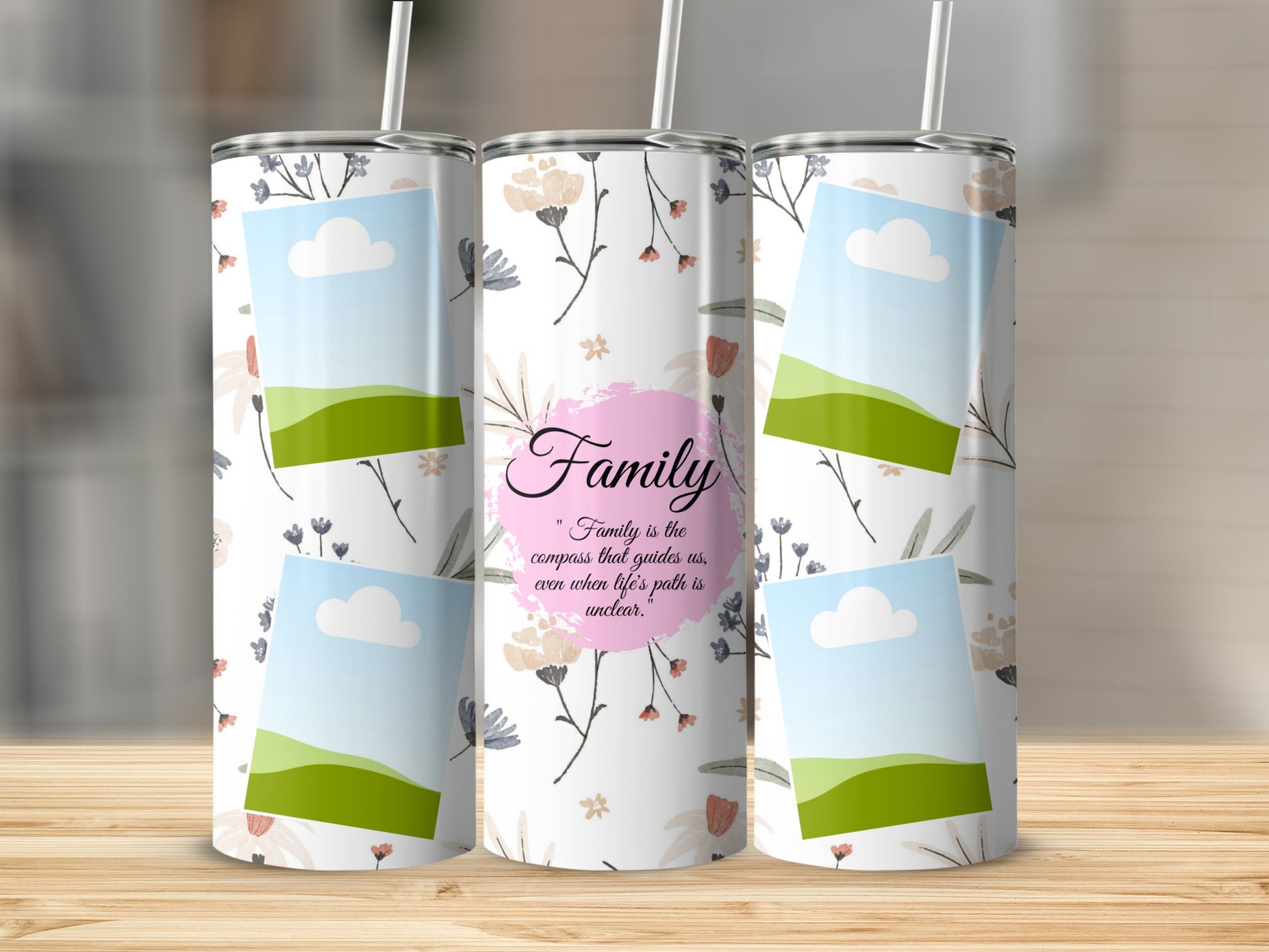 Three tumblers with floral patterns and "Family" quote, featuring photo placeholders.