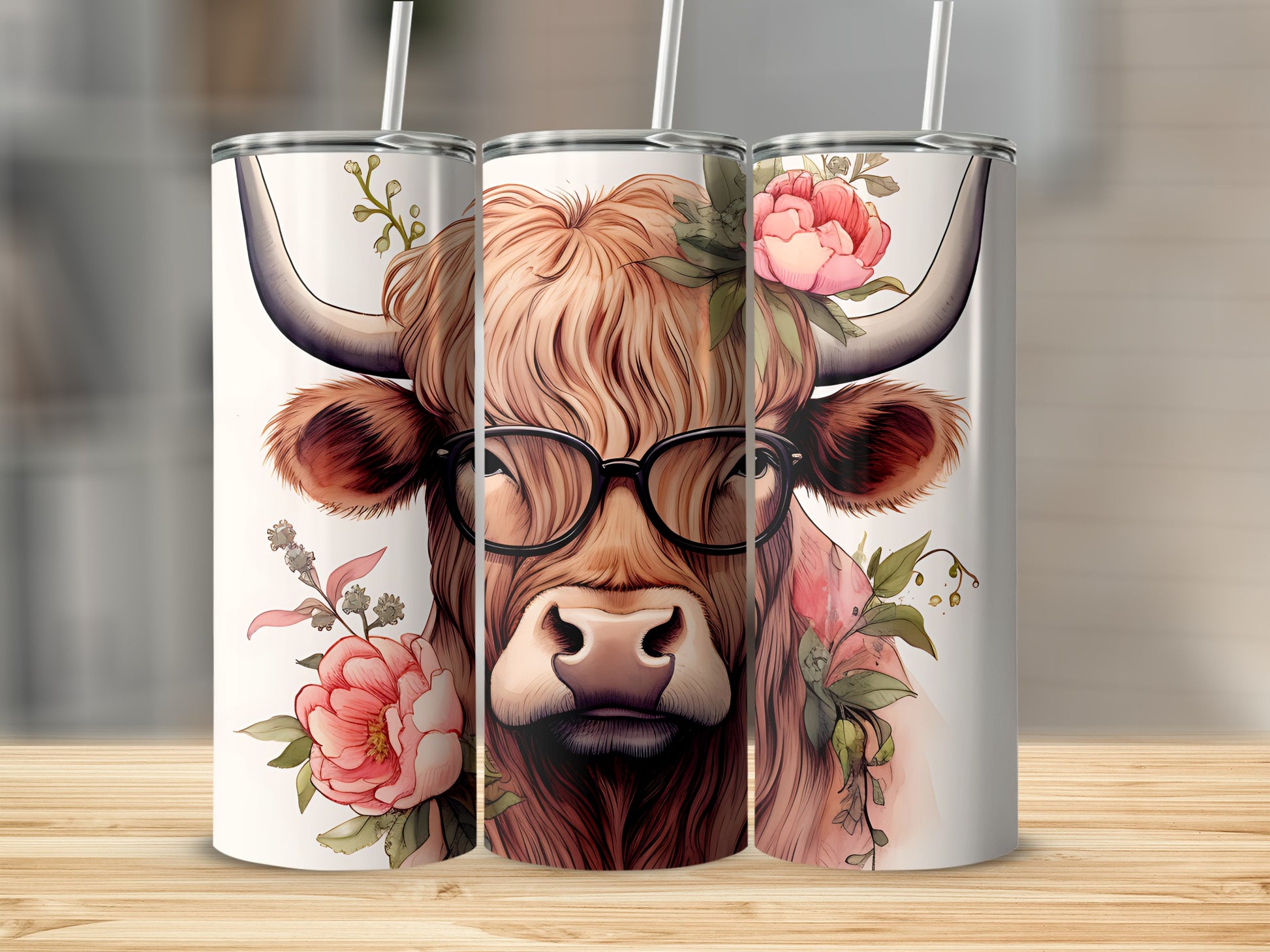 Highland cow wearing glasses with pink flowers and leaves, on three tumblers.