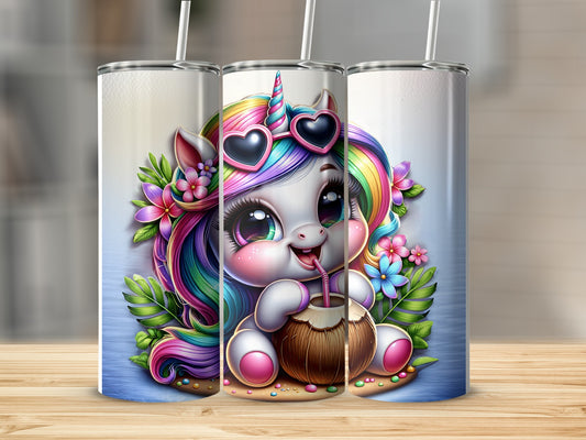Unicorn with rainbow mane and heart sunglasses drinks from coconut.