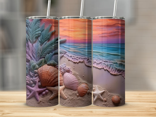 Three tumblers with a beach scene featuring seashells, starfish, and a sunset.
