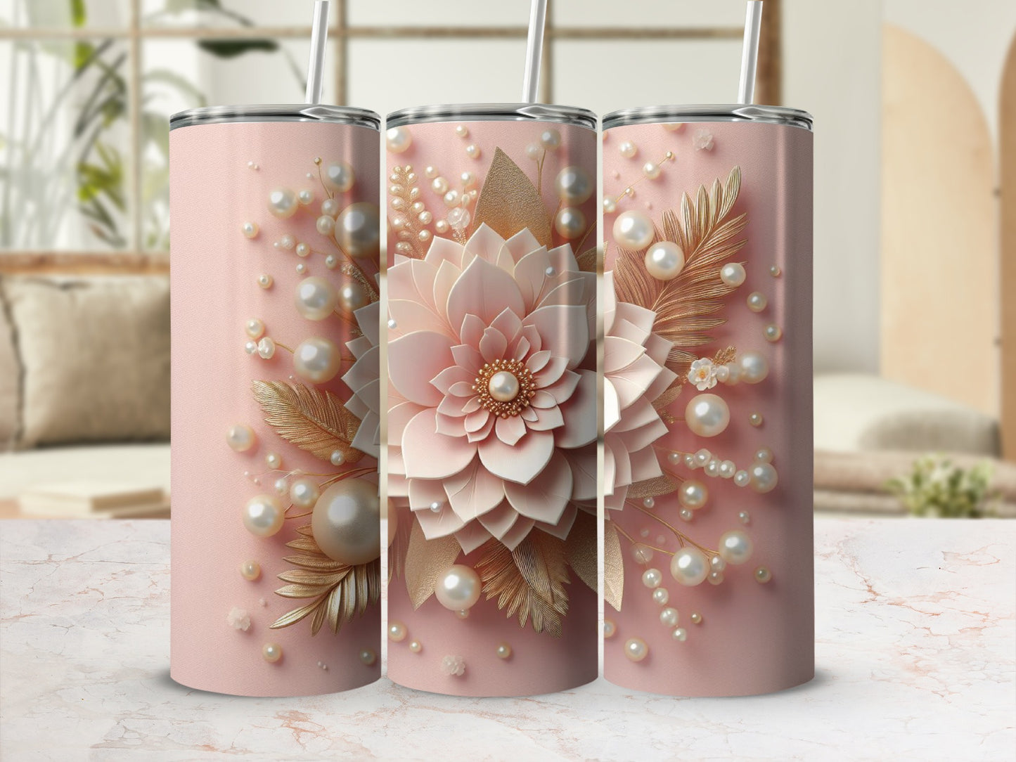 Pink floral tumbler with pearls and gold leaves.