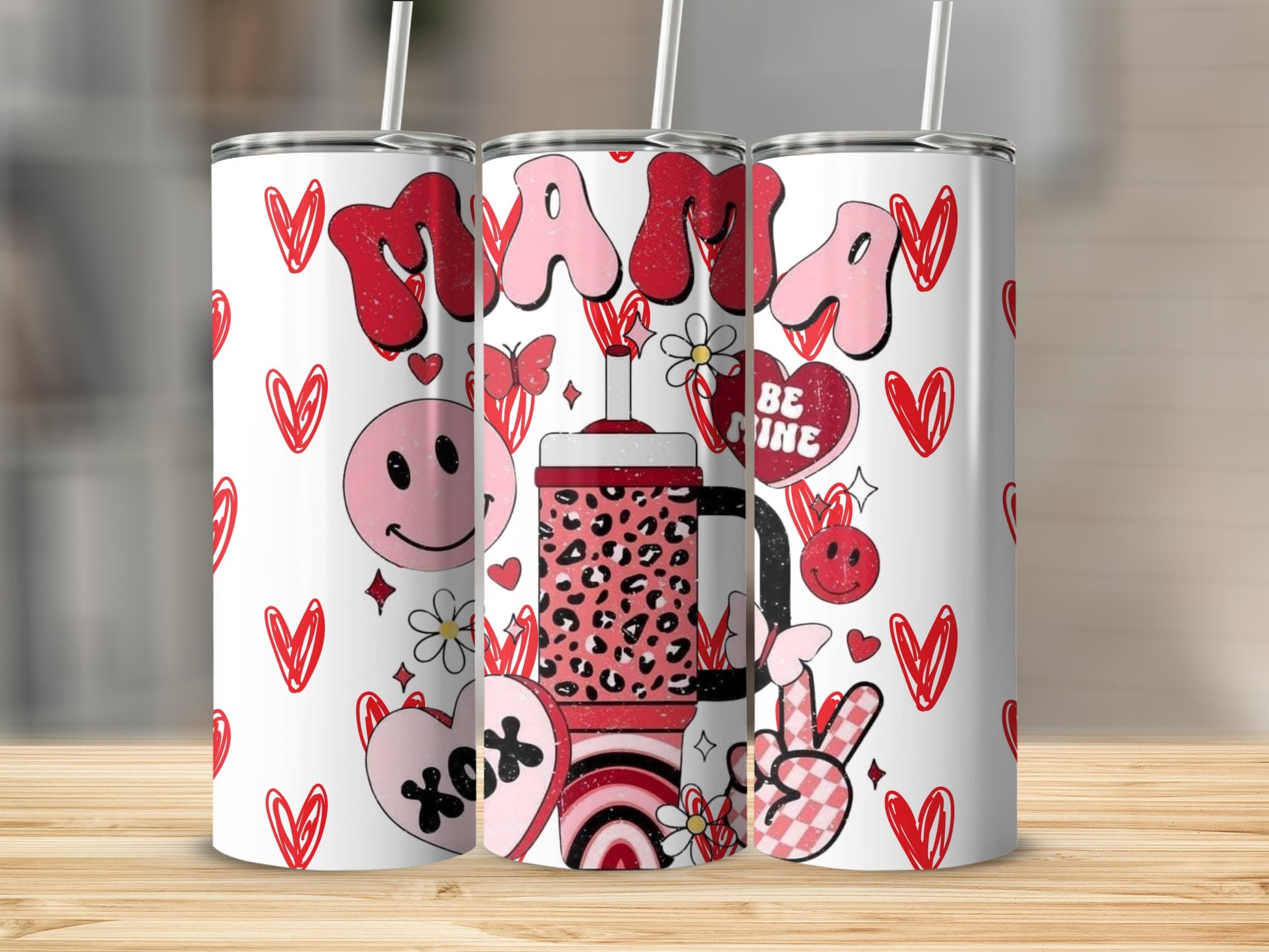 Mama Be Mine Valentine Hearts Happy Face tumbler