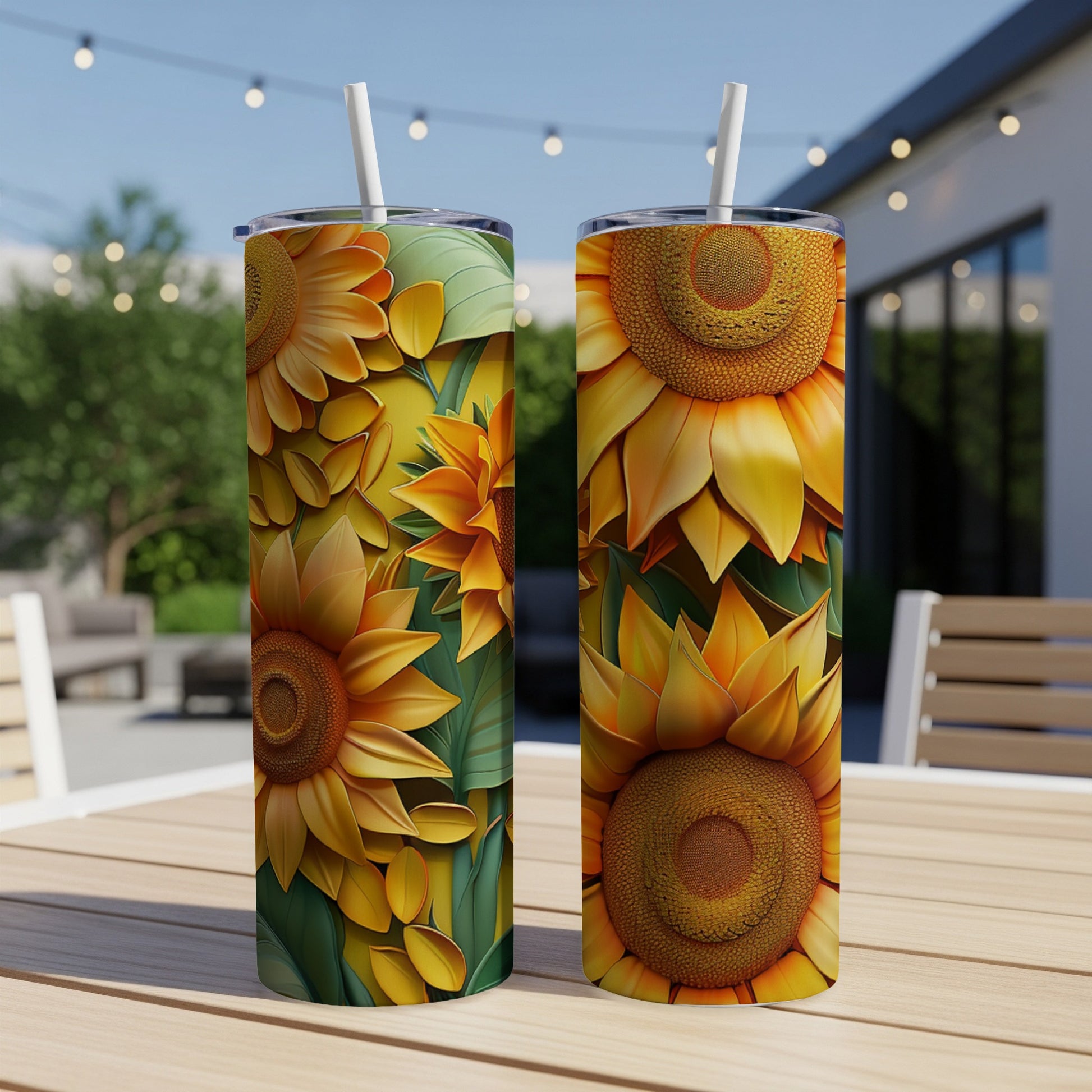 Two tall, slender tumblers with a bold sunflower design sit on a wooden table outdoors.
