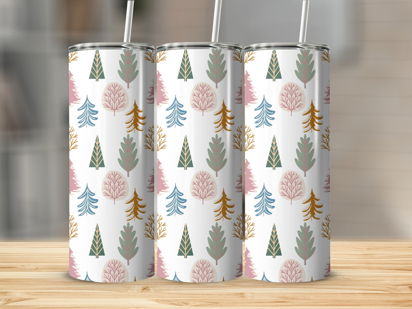 Three tumblers with a pink, green, and brown tree pattern.
