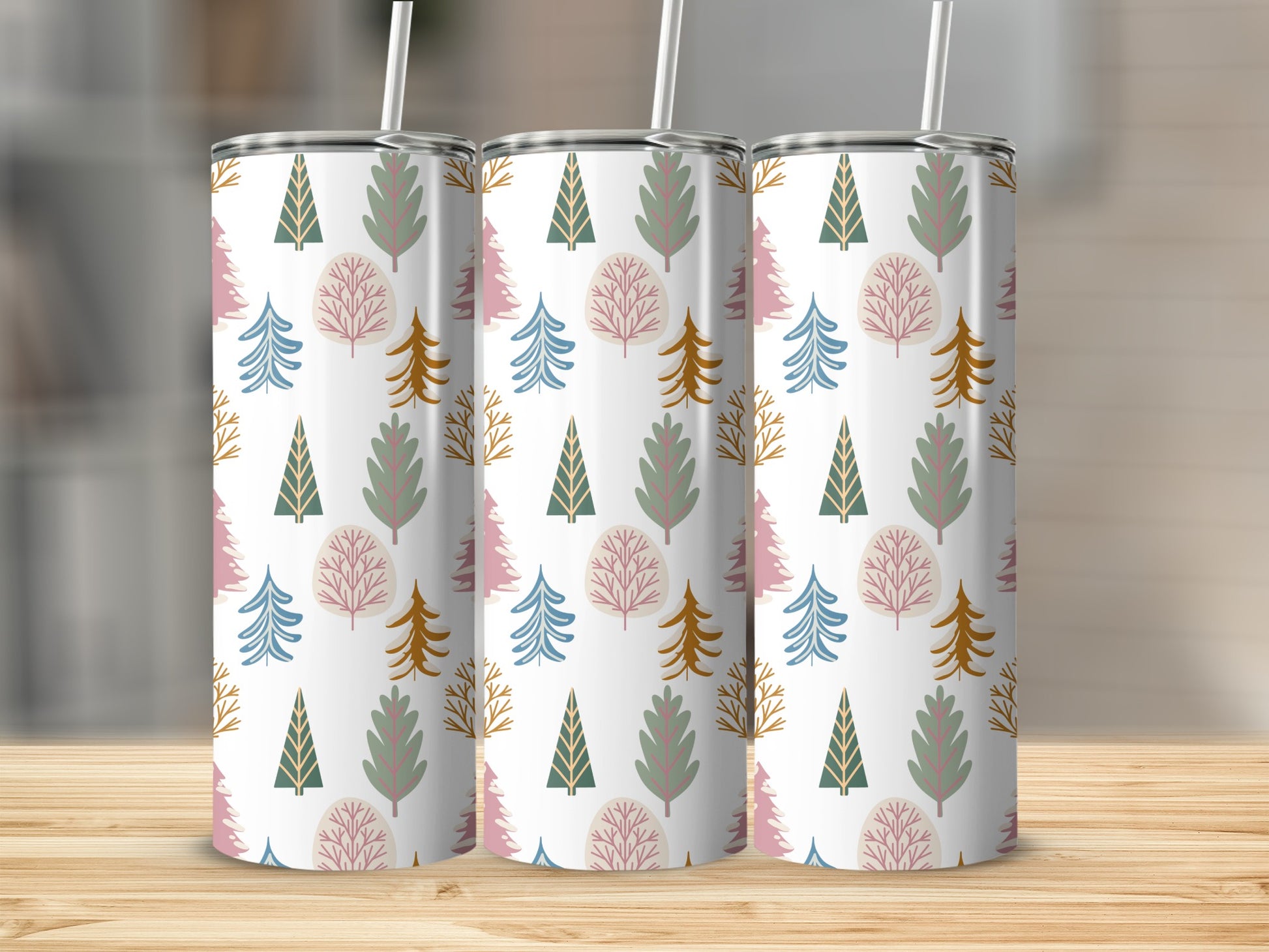 Three tumblers with a pink, green, and brown tree pattern.