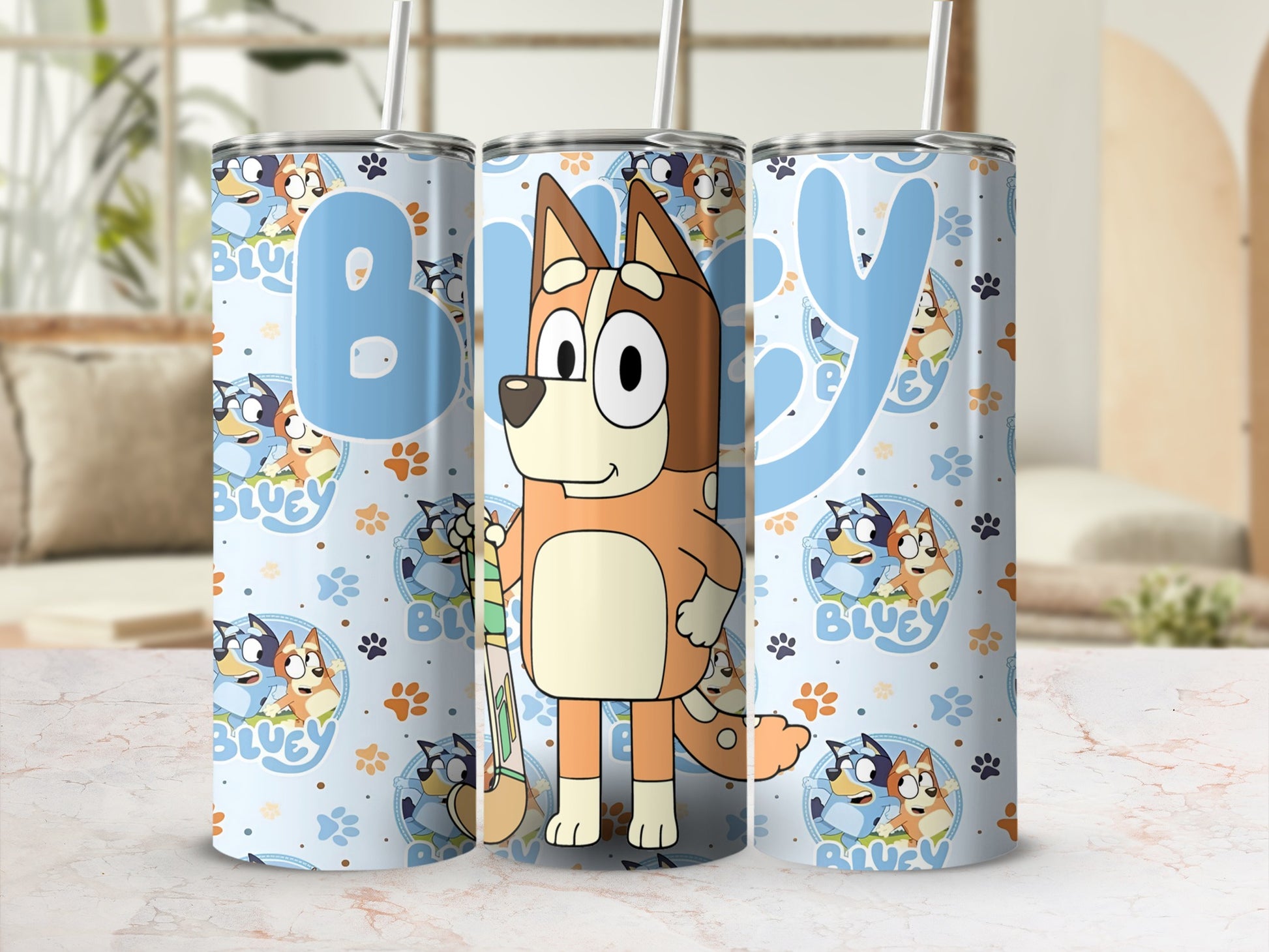 Bluey the cartoon dog on a patterned tumbler with straws.