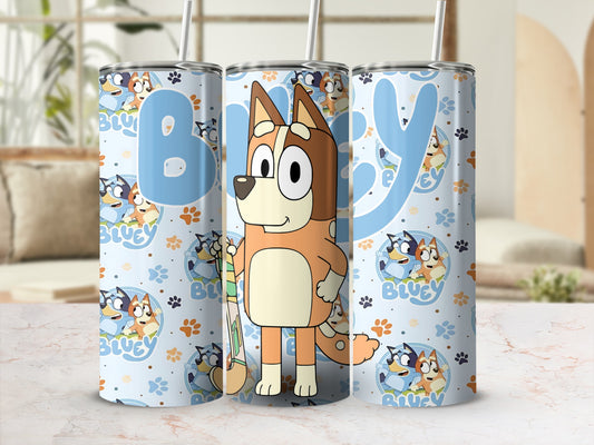 Bluey the cartoon dog on a patterned tumbler with straws.