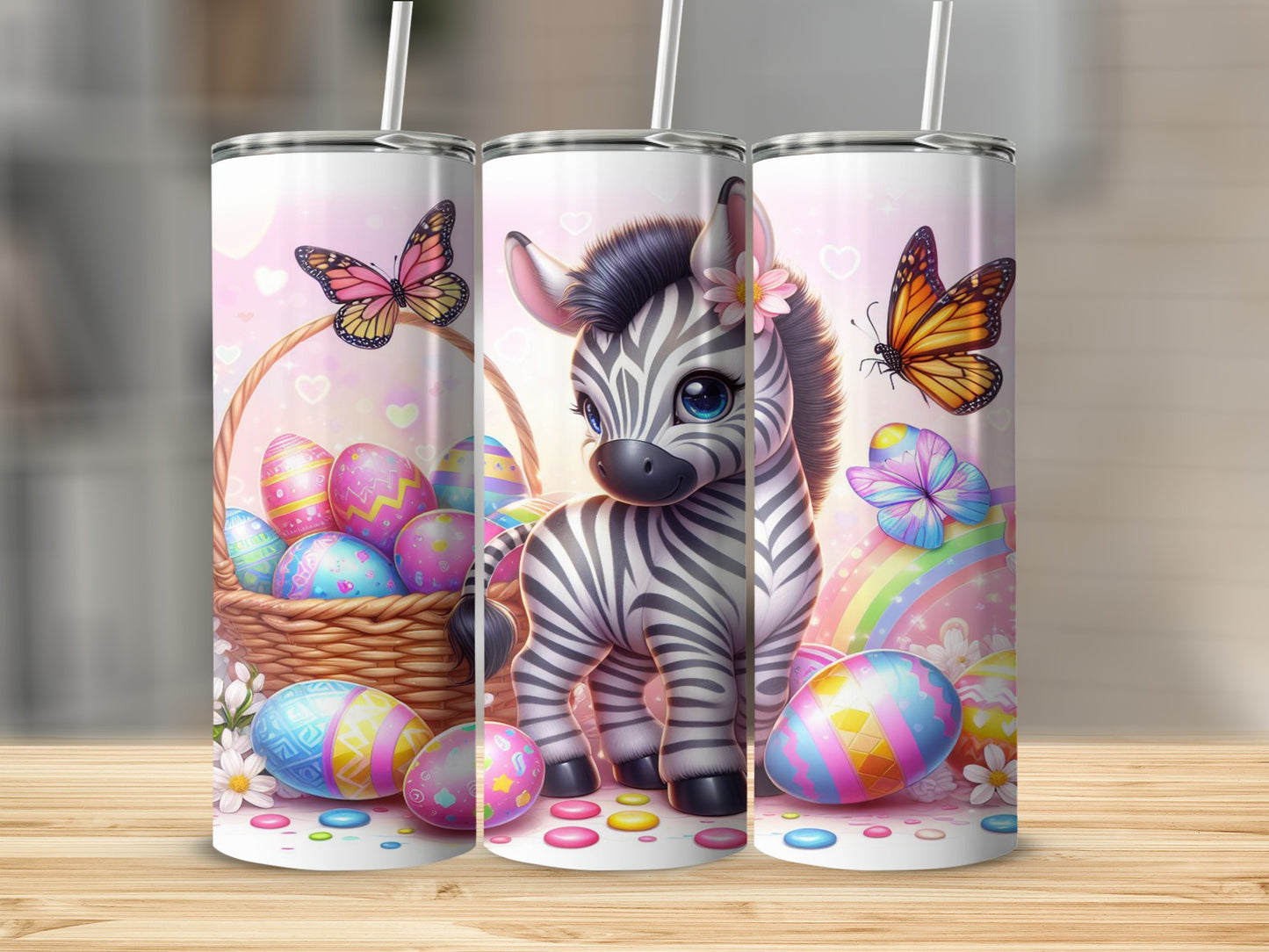 Zebra with butterflies and Easter eggs on a colorful background.