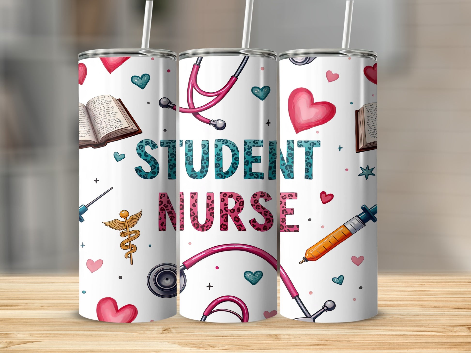 Tumbler with stethoscope, hearts, books, syringe, and "Student Nurse" text.