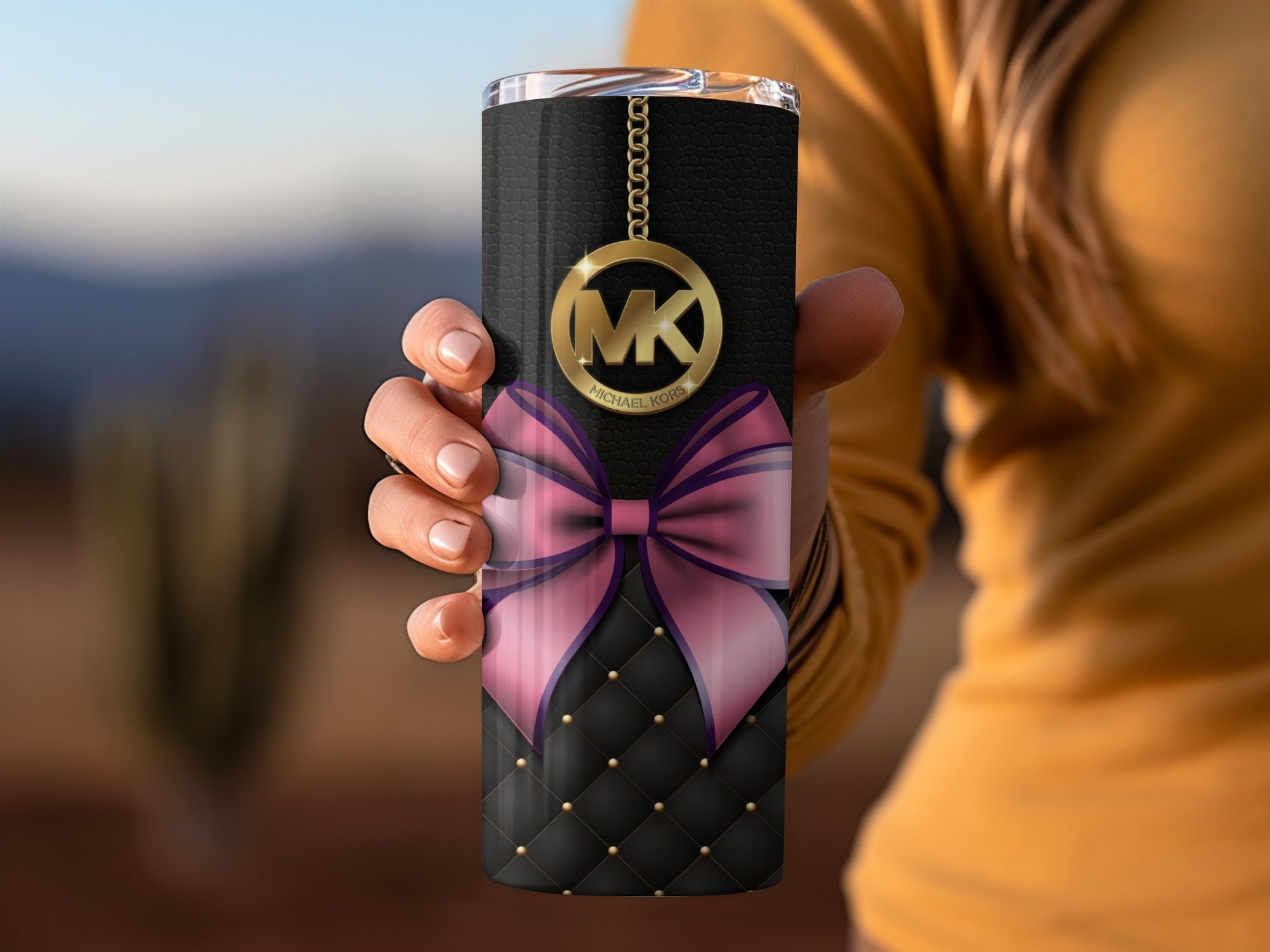 Stylish Black Tumbler with Pink Bow and Gold Logo