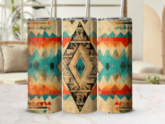 Tumbling tower of three tumblers with geometric Southwestern tribal pattern.