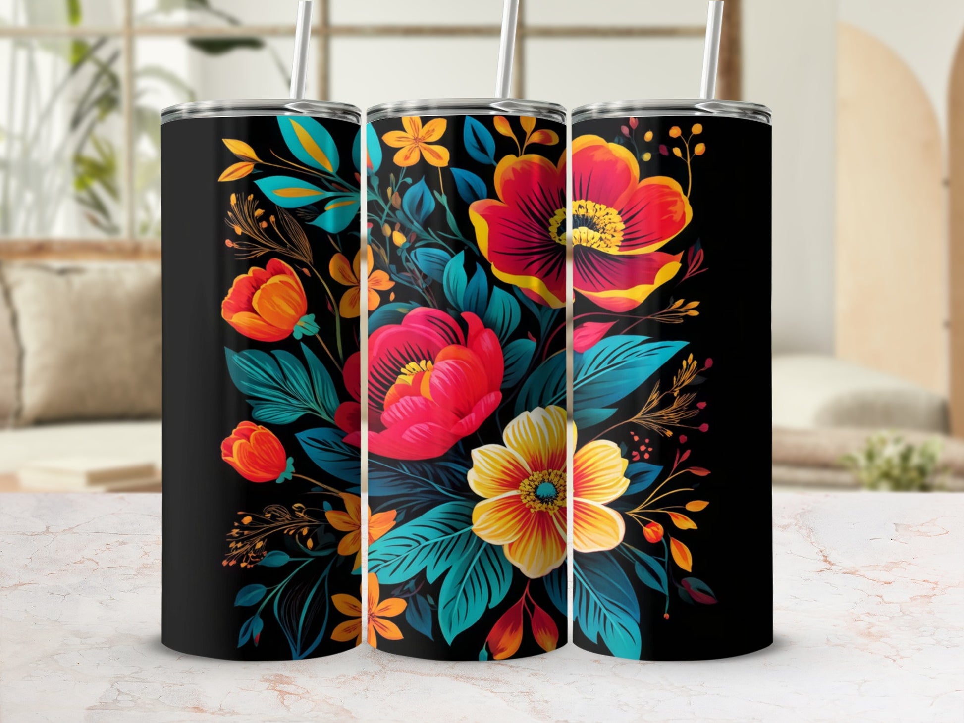 Black tumbler with vibrant red and yellow floral design.