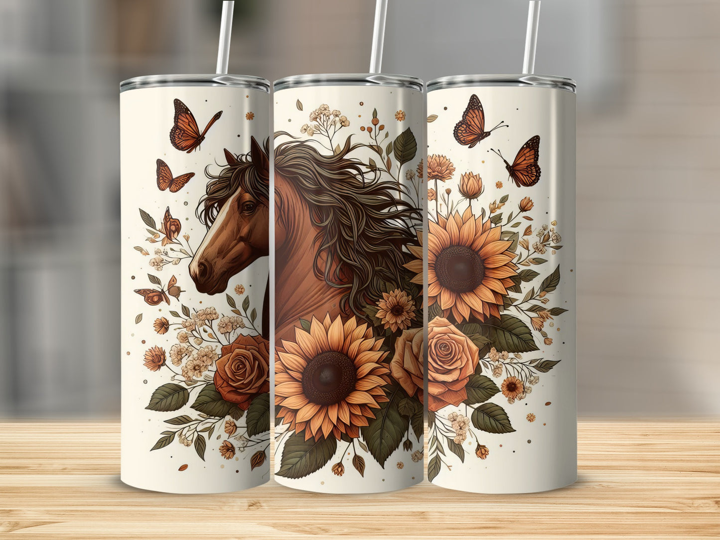 Cream tumbler with horse head, sunflowers, roses, and butterflies.