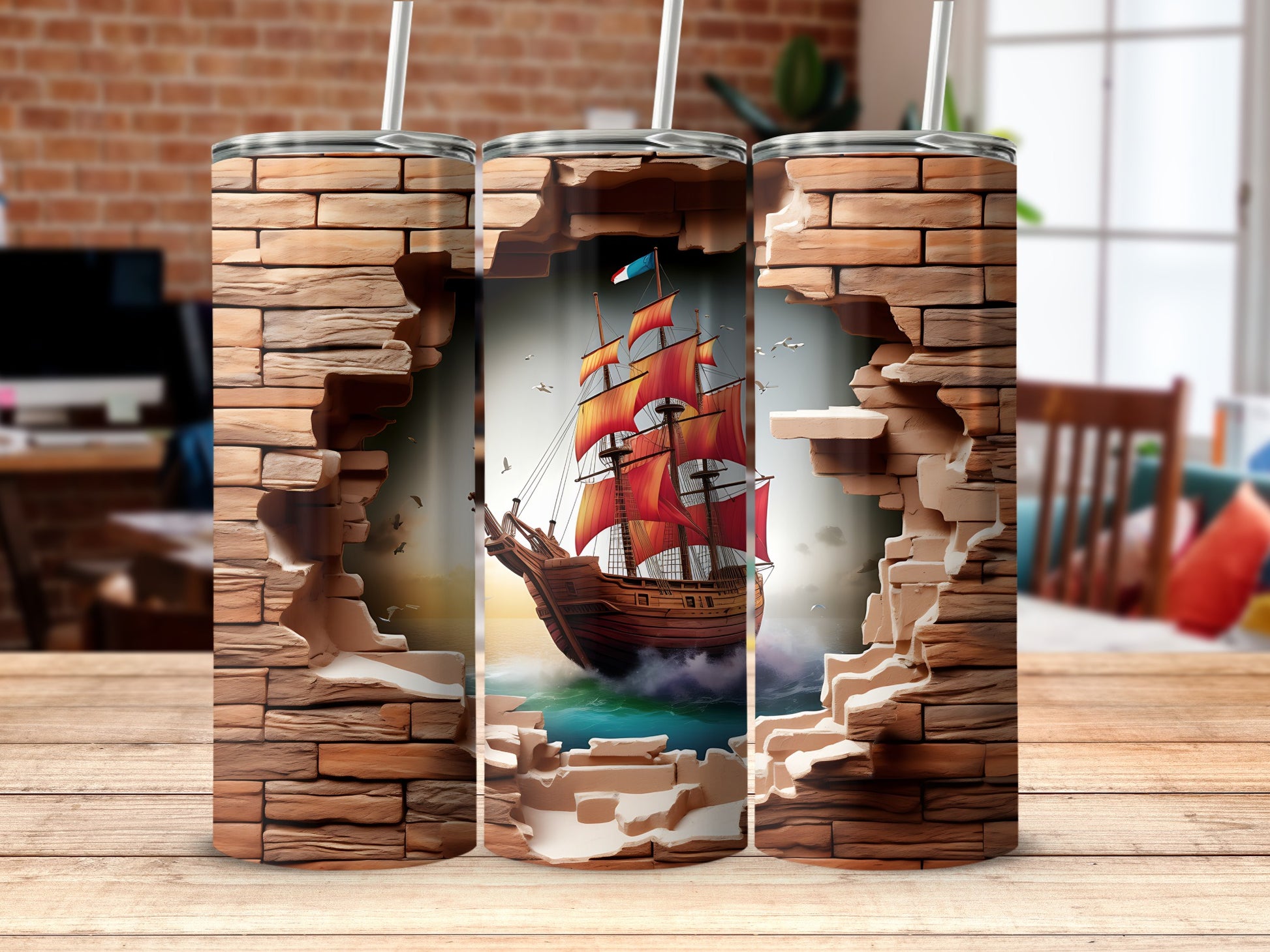 3D Pirate Ship Design Tumbler with Brick Wall Effect