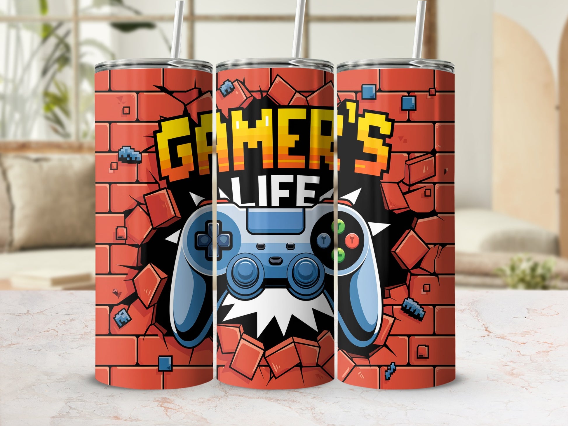 Tumbling gamer controller graphic on a brick wall tumbler.