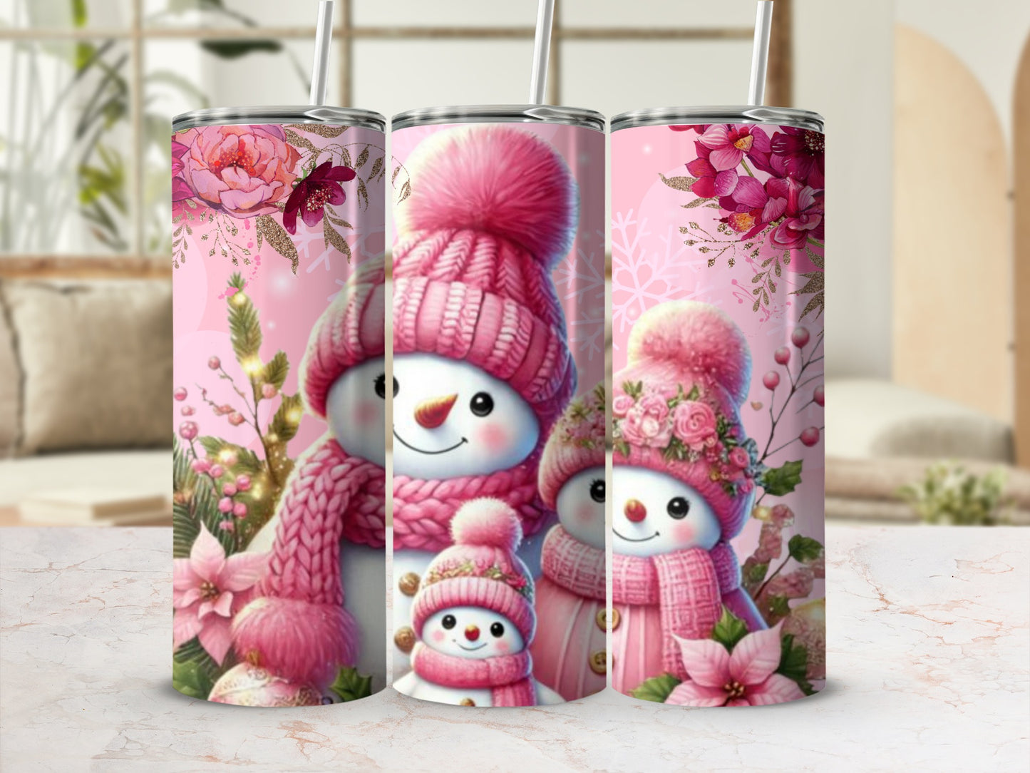 Christmas Snowmen with Pink Floral Winter Tumbler