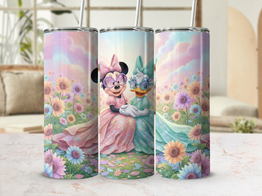 Cute Cartoon Characters In Floral Meadow Tumbler Cup