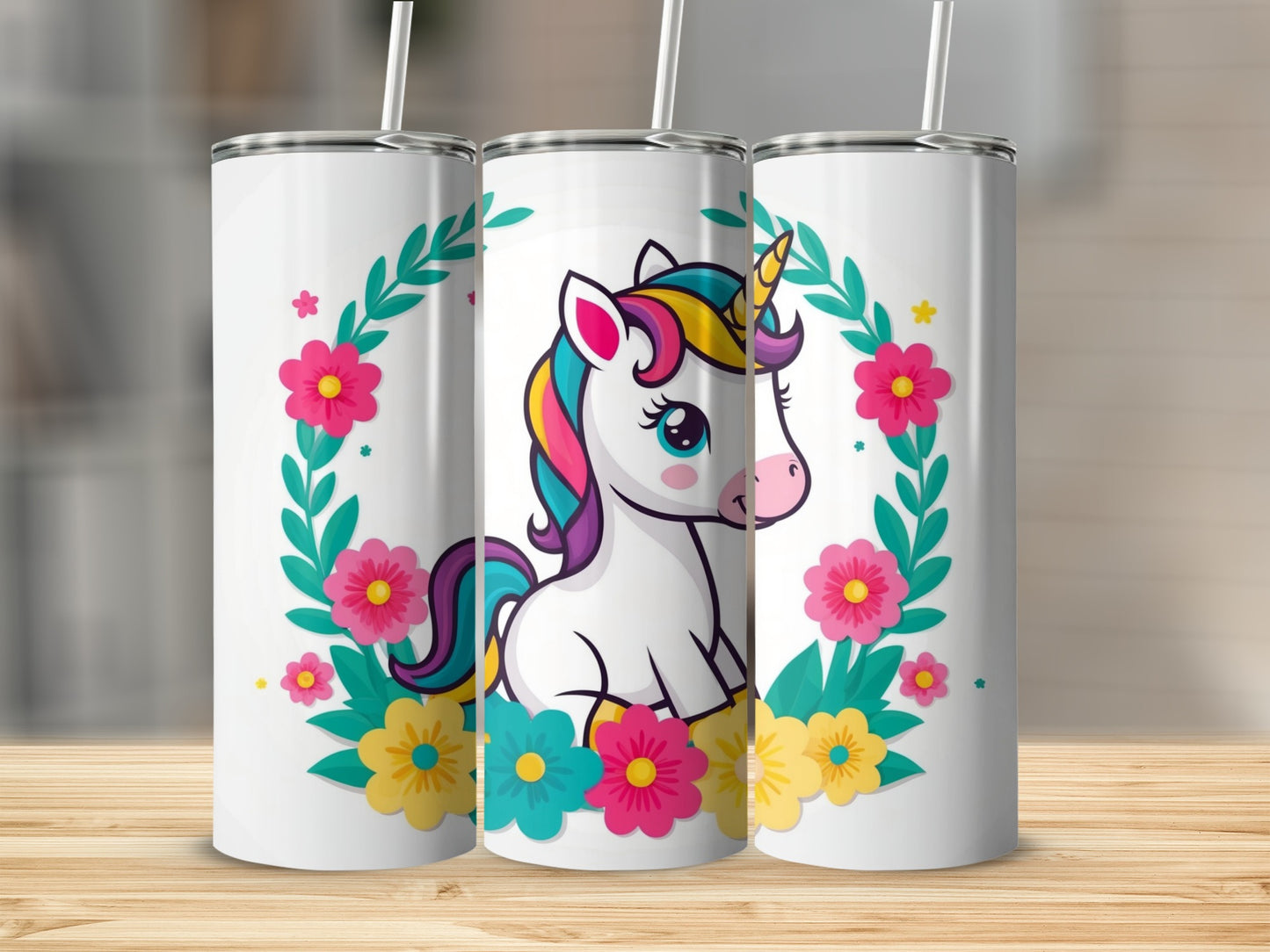 White tumbler with a cartoon unicorn and colorful flowers.