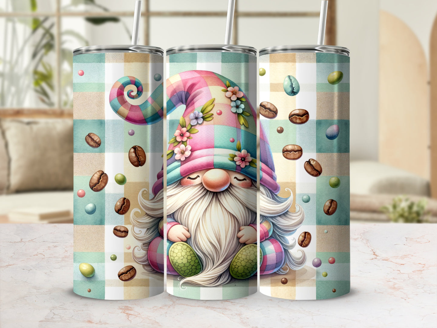 Three gnomes with colorful hats and coffee beans on a plaid background.
