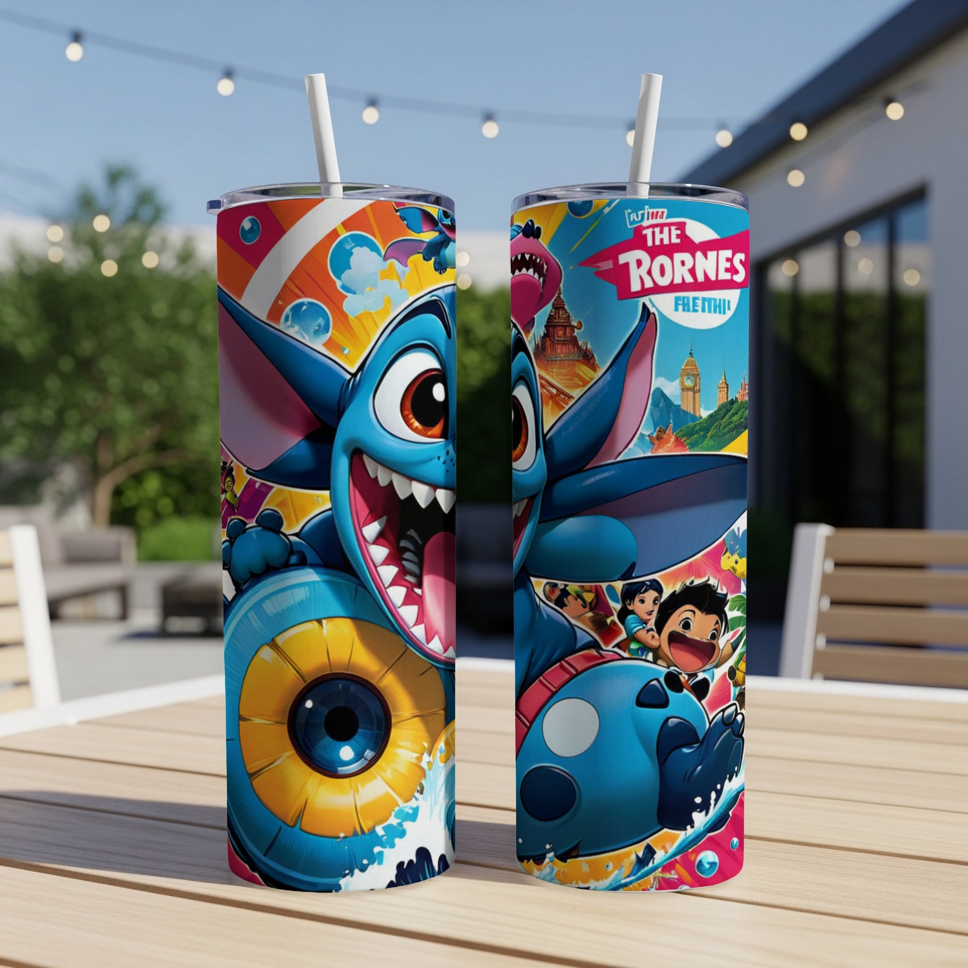 Disney's Stitch and characters on a blue tumbler with the text "The Rornes".