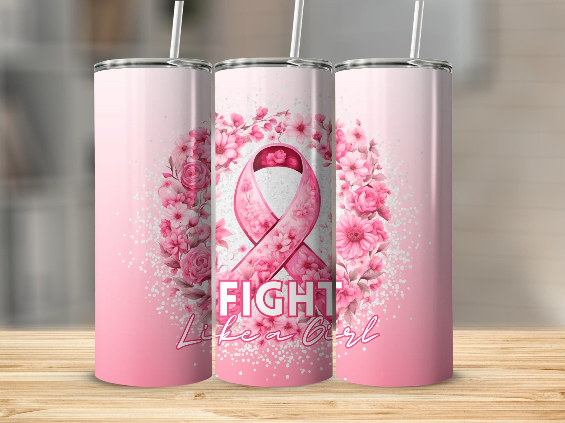 Pink floral tumbler with "FIGHT like a Girl" and breast cancer ribbon.