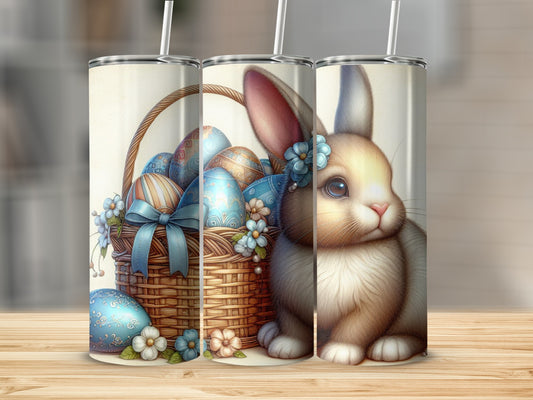 Easter bunny with decorated eggs in a basket on a wooden surface.