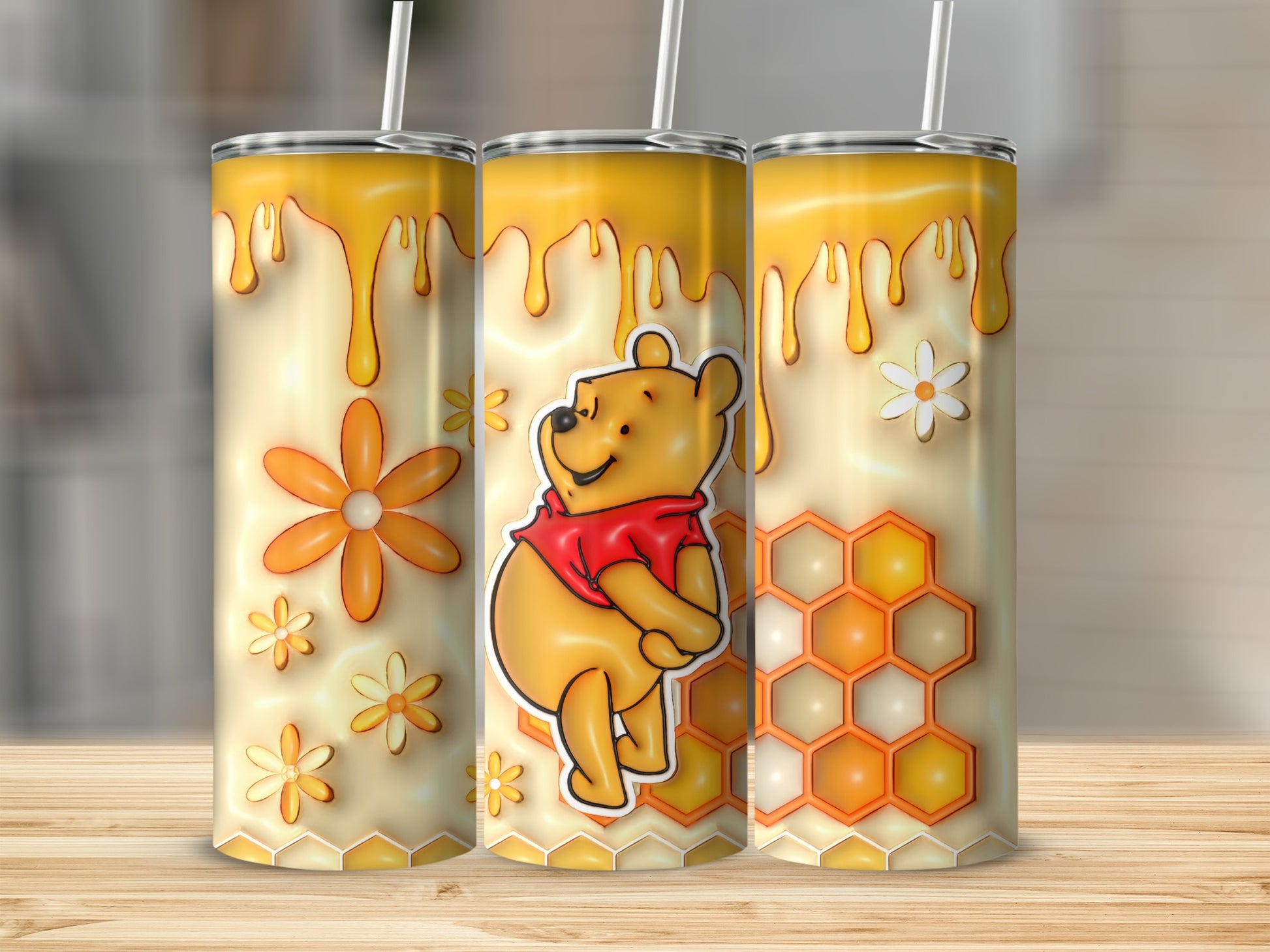 Honey Pot Bear Floral Pattern Travel Tumbler