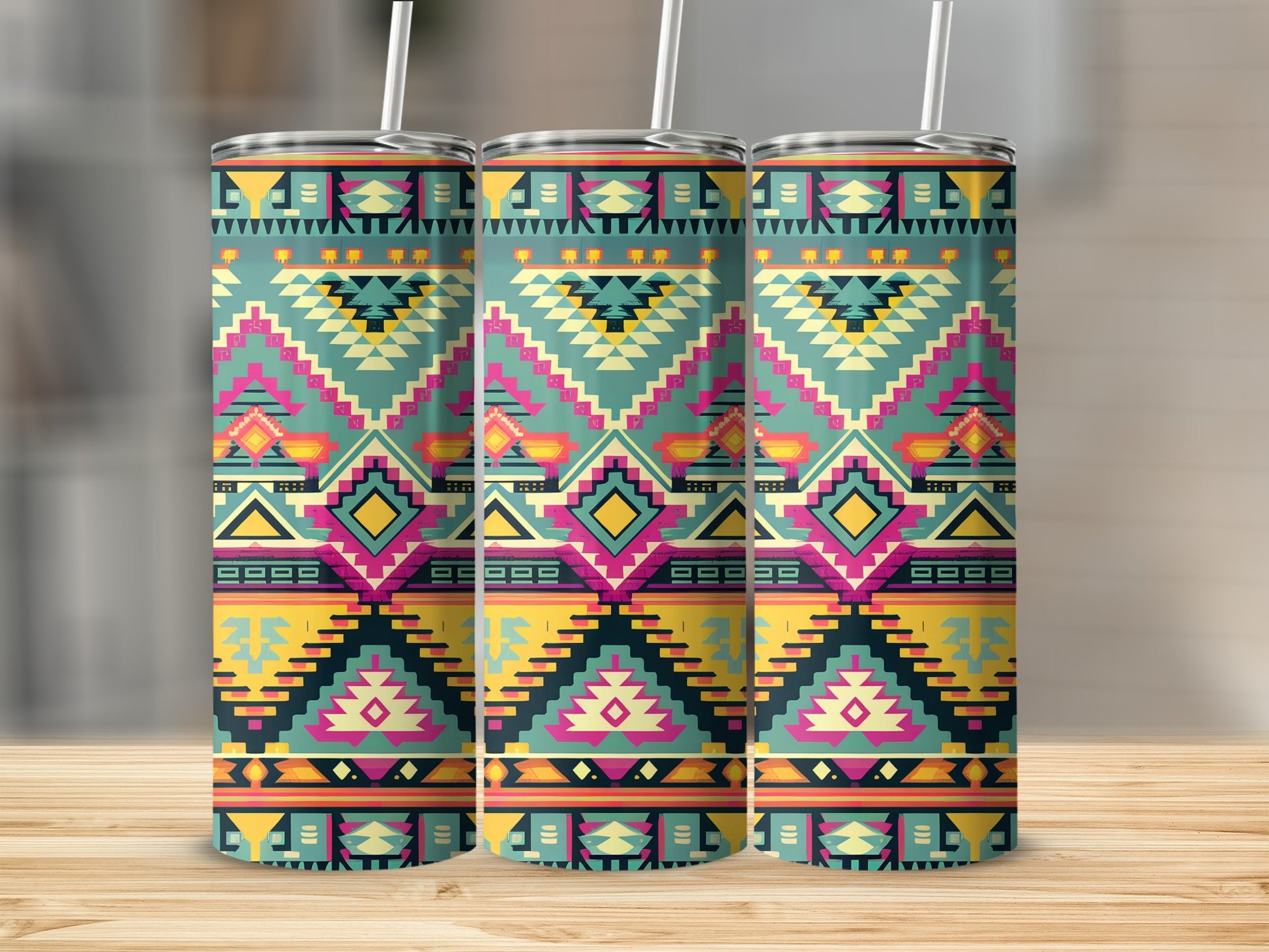 Three patterned tumblers with geometric, Southwestern-inspired designs.