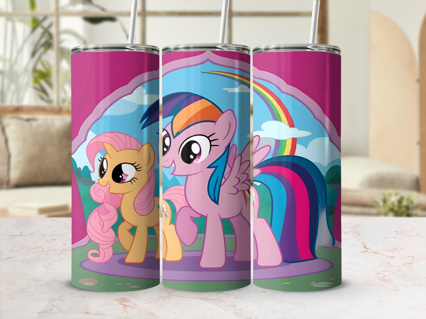 My Little Pony characters Rainbow Dash and Fluttershy on a pink background with a rainbow.