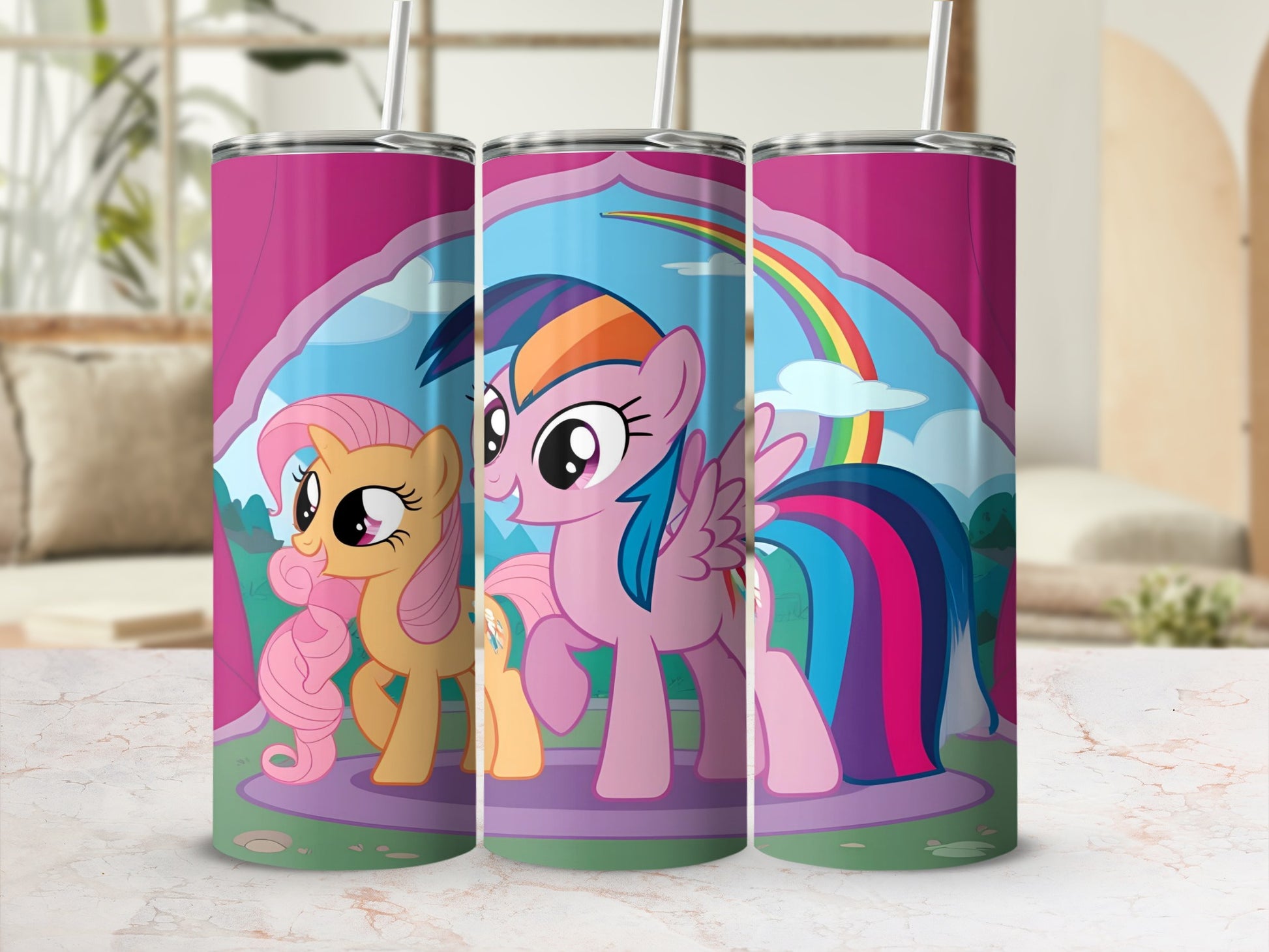 My Little Pony characters Rainbow Dash and Fluttershy on a pink background with a rainbow.