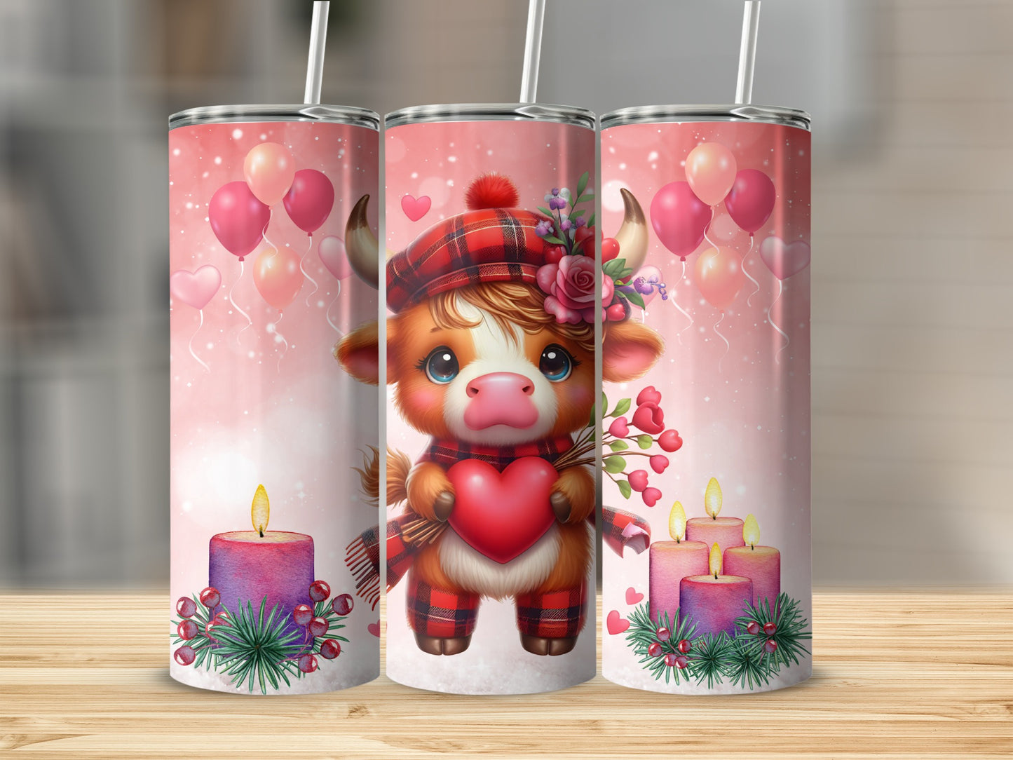 Cute Highland Cow Holding Heart Valentine's Day Tumbler