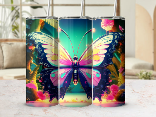 Three tumblers with a colorful butterfly design and floral accents.