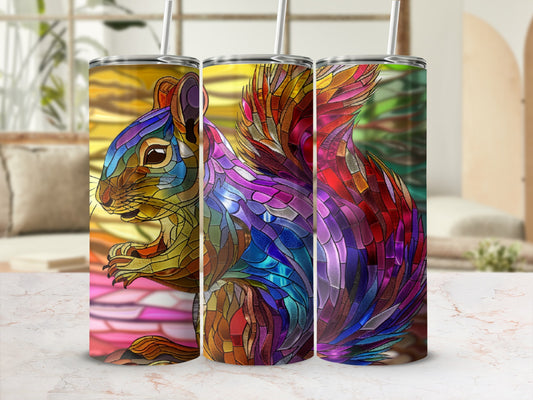 Stained glass squirrel design on three insulated tumblers.
