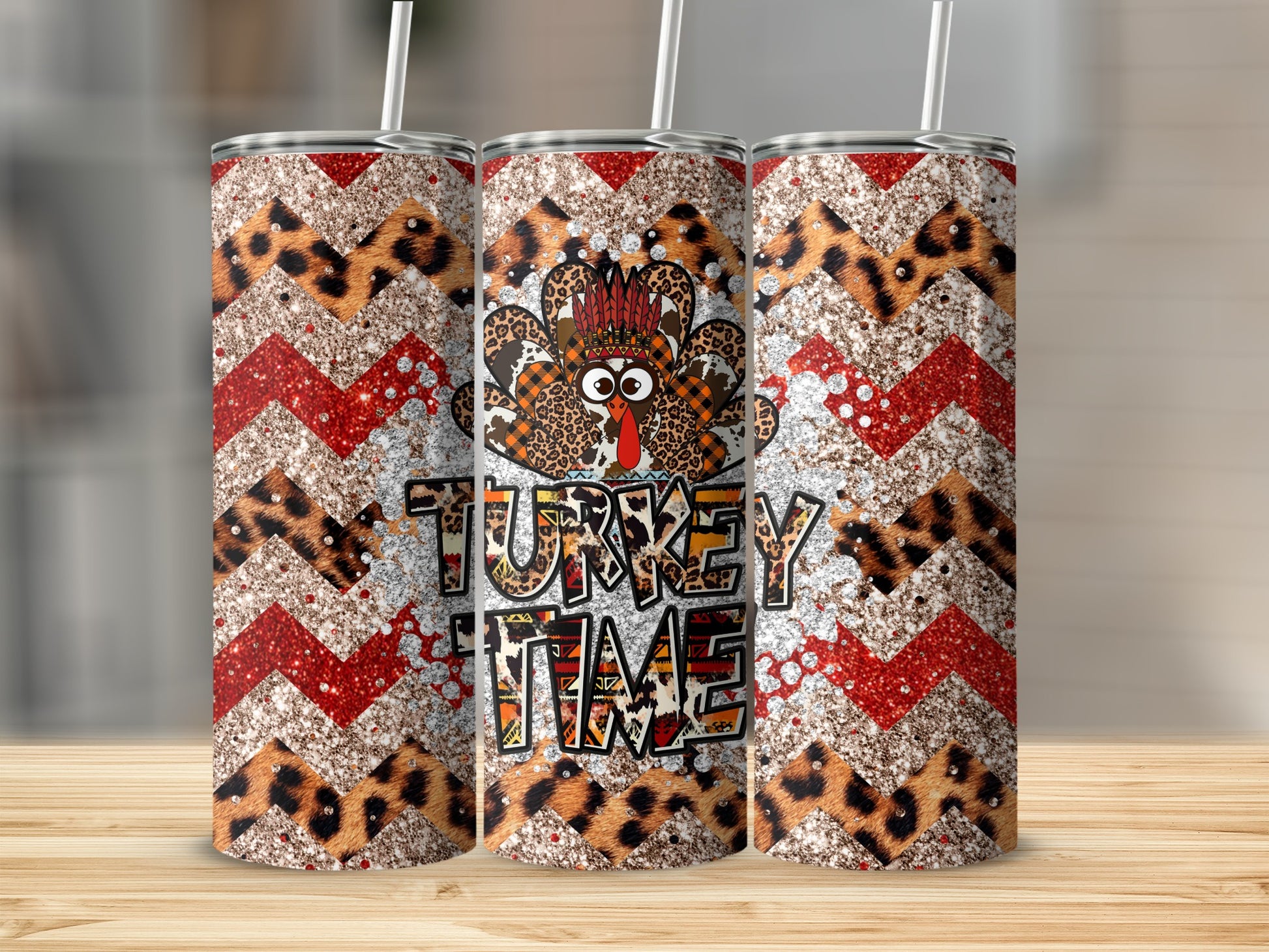 Three tumblers with a Thanksgiving turkey and "Turkey Time" text.