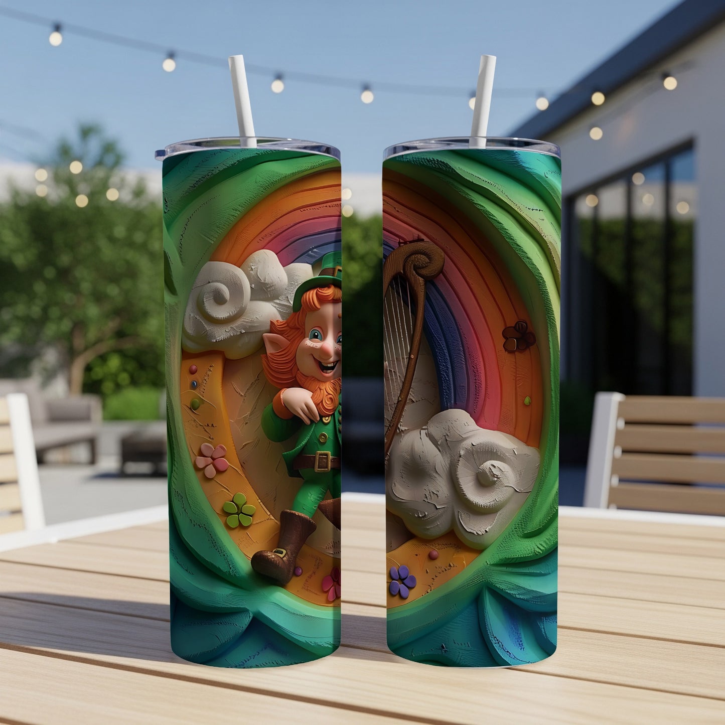 Leprechaun, rainbow, harp, and clouds on a St. Patrick's Day tumbler.