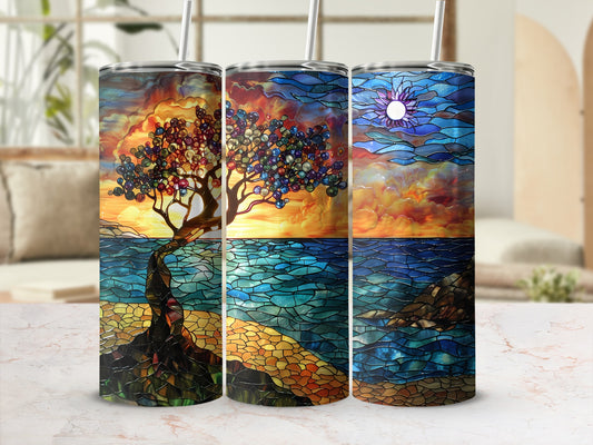Triptych tumbler designs: stained glass tree, ocean, and sun.