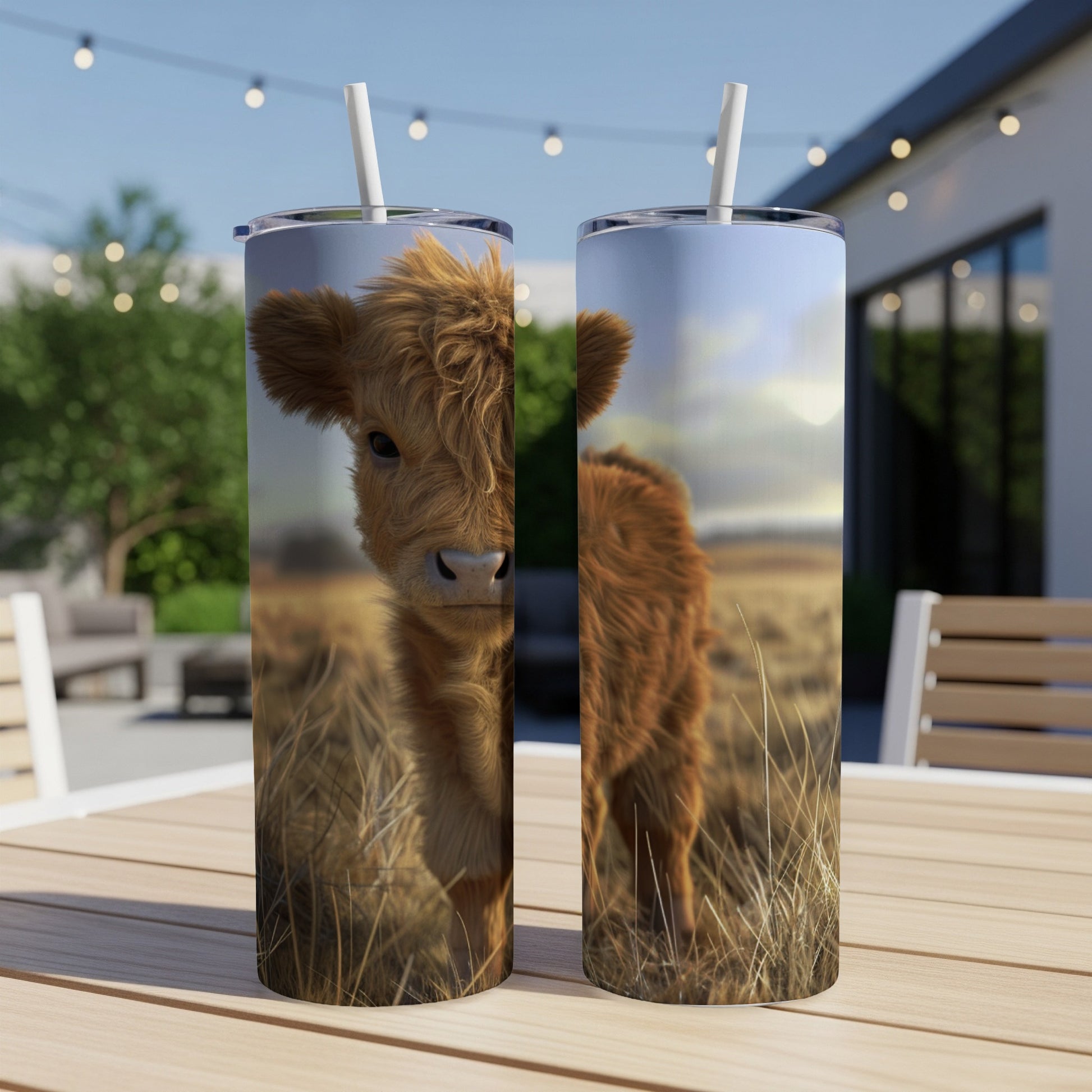Fuzzy Highland calf peeks from tall grass on a patterned tumbler.