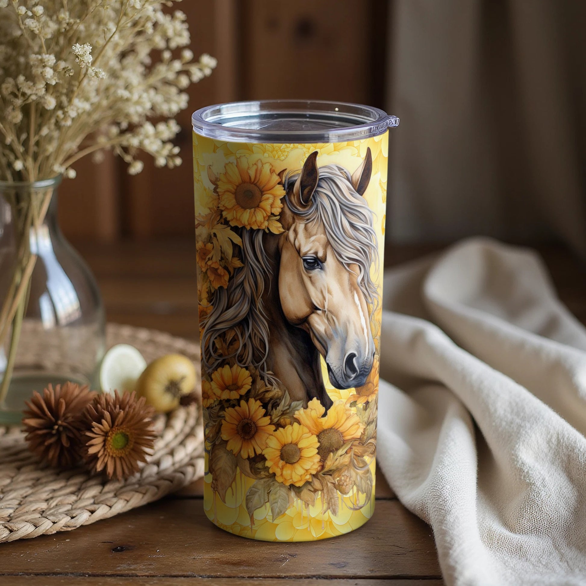 Beautiful Horse and Sunflower Themed Tumbler Cup