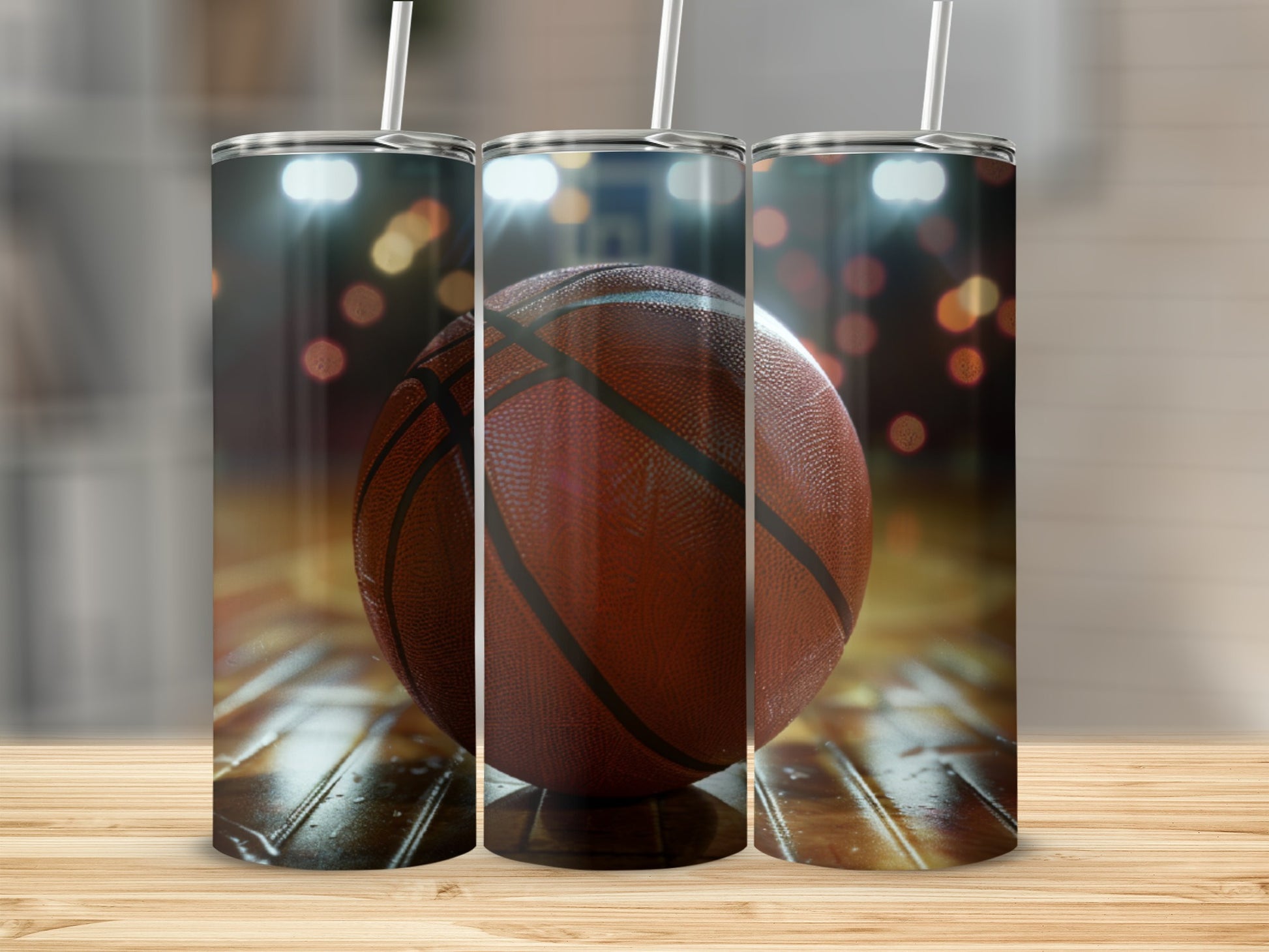 Basketball tumbler with a basketball graphic.