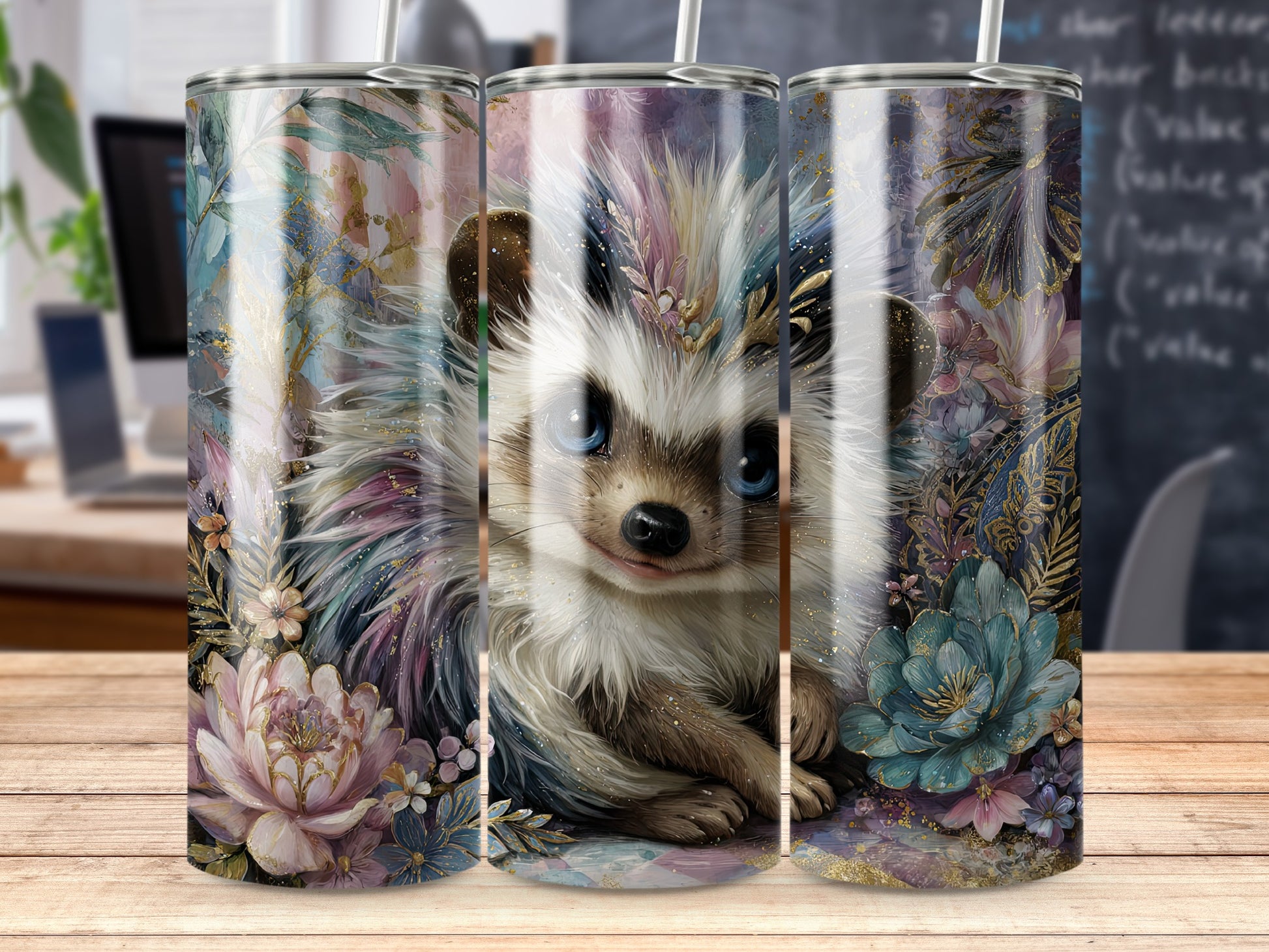 Adorable Hedgehog Design with Floral Elements Tumbler