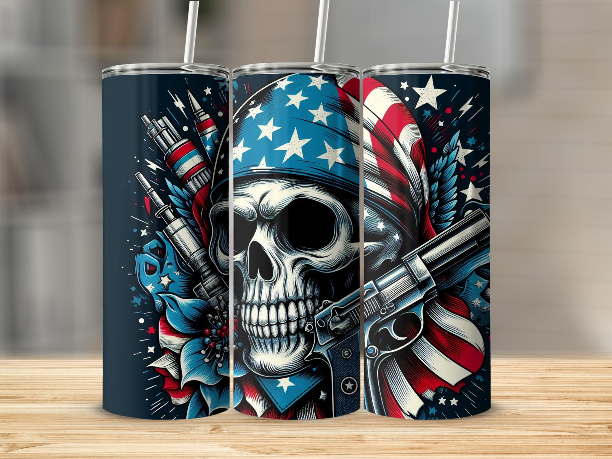 Skull with American flag, pistol, and fireworks on a tumbler.