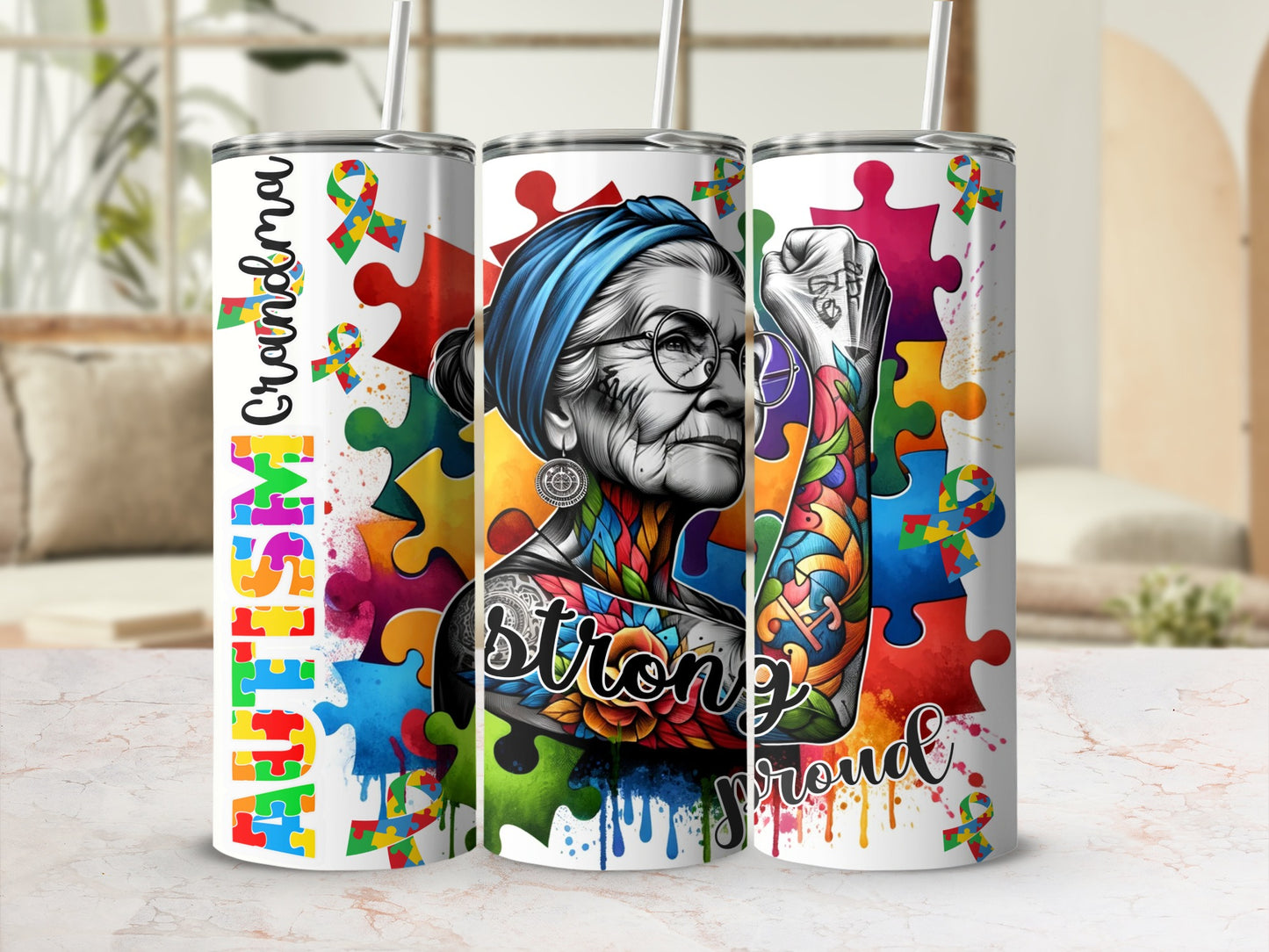 Autism Grandma tumbler with puzzle piece artwork and Rosie the Riveter graphic.
