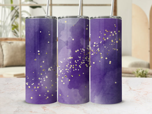 Three purple tumblers with gold glitter accents and straws.