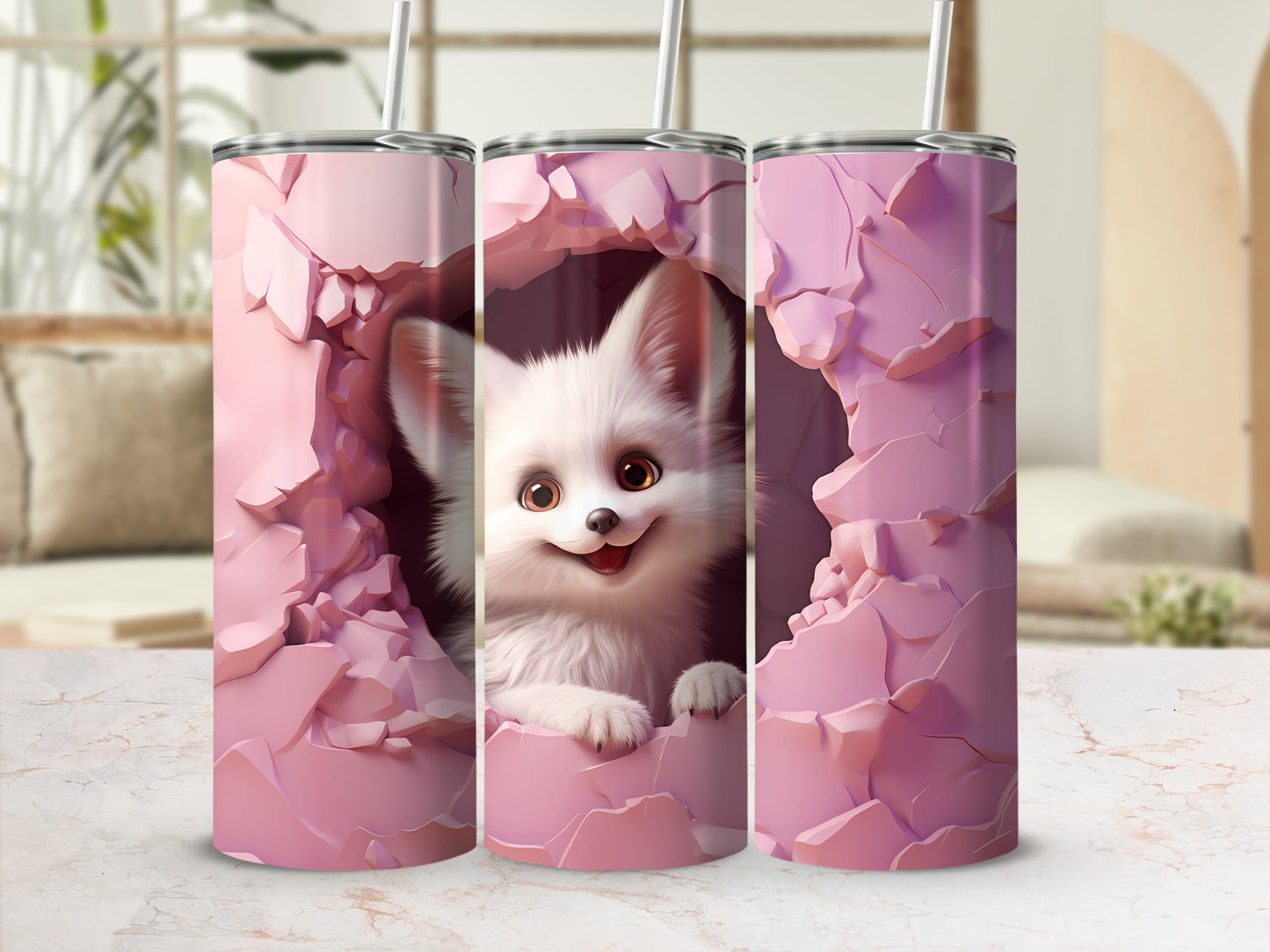 Adorable Puppy Peeking Through Pink Cracked Wall Tumbler