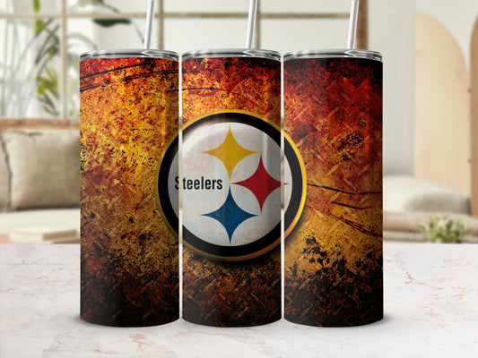 Pittsburgh Steelers logo on a grunge textured tumbler with a straw